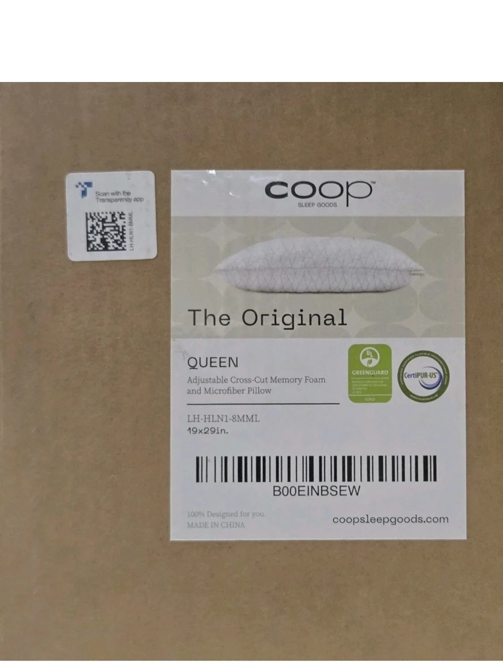 Coop Home Goods The Original Queen Memory Foam Pillow NEW